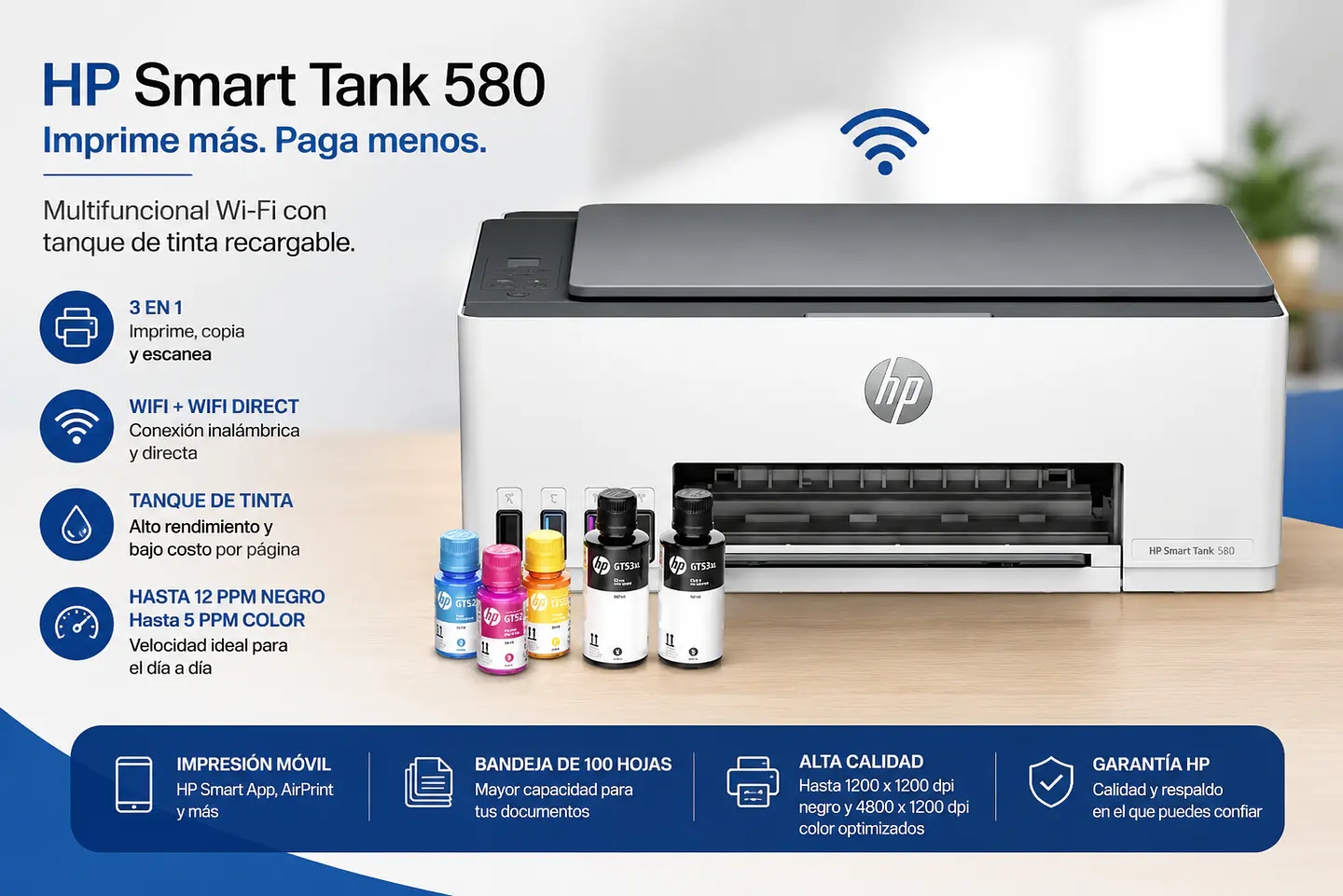 Impresora HP Smart Tank 580 Multifuncional WiFi Tanque de Tinta 1