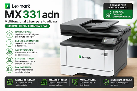 Impresora Lexmark MX331adn Multifuncional Láser Dúplex Ethernet ADF Fax
