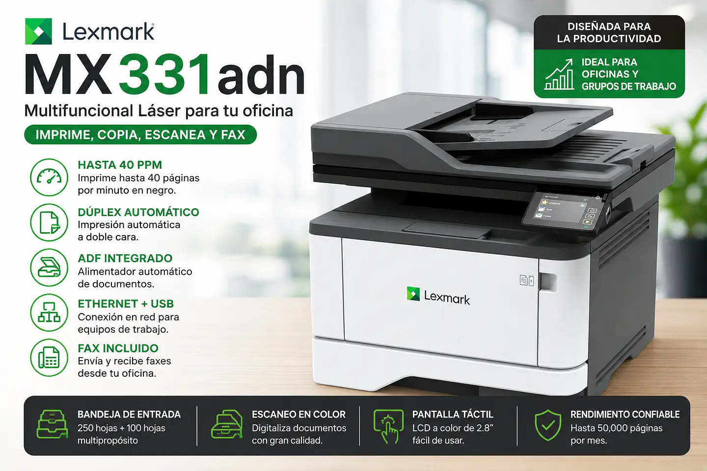 Impresora Lexmark MX331adn Multifuncional Láser Dúplex Ethernet ADF Fax 1