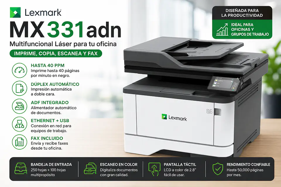 Impresora Lexmark MX331adn Multifuncional Láser Dúplex Ethernet ADF Fax 1