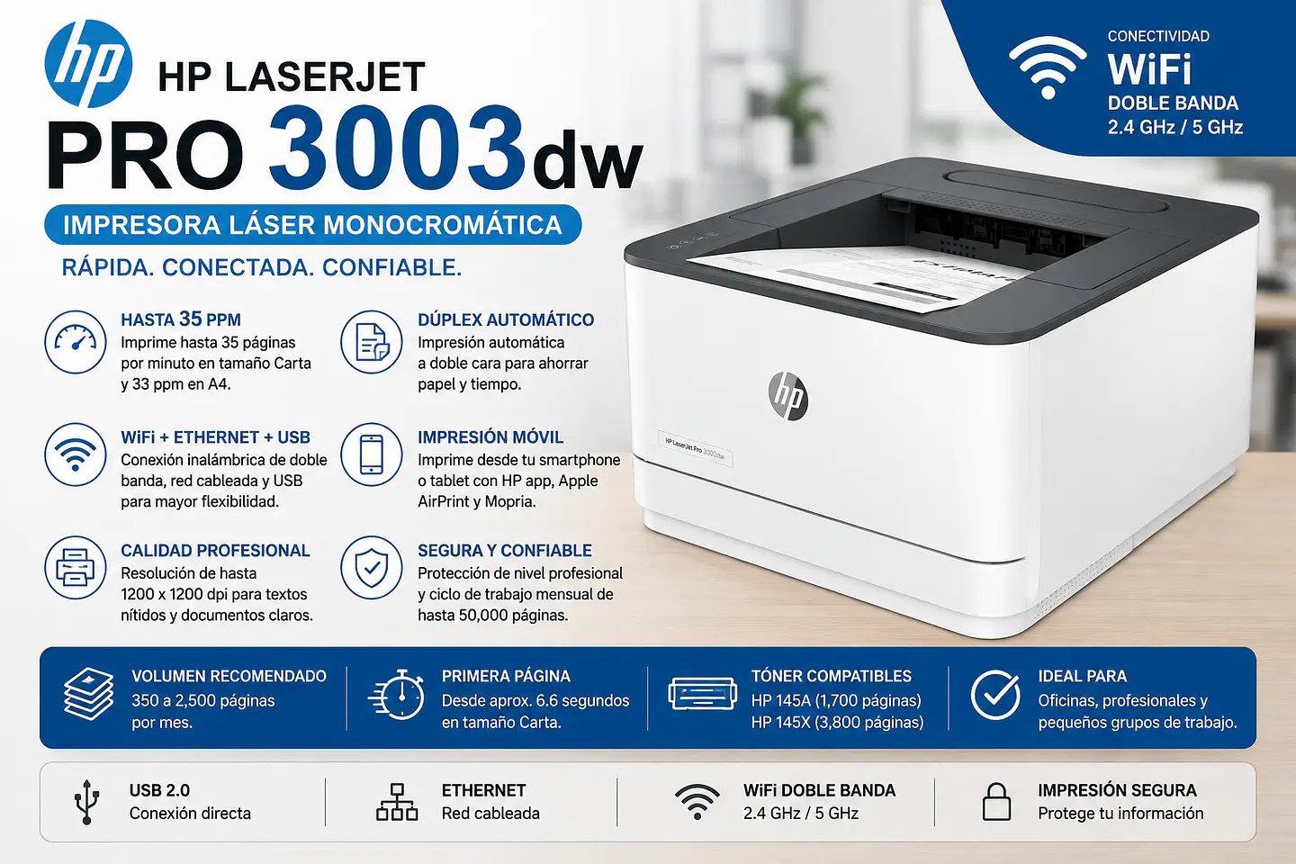 Impresora HP LaserJet Pro 3003dw Láser Monocromática WiFi Dúplex Ethernet 1