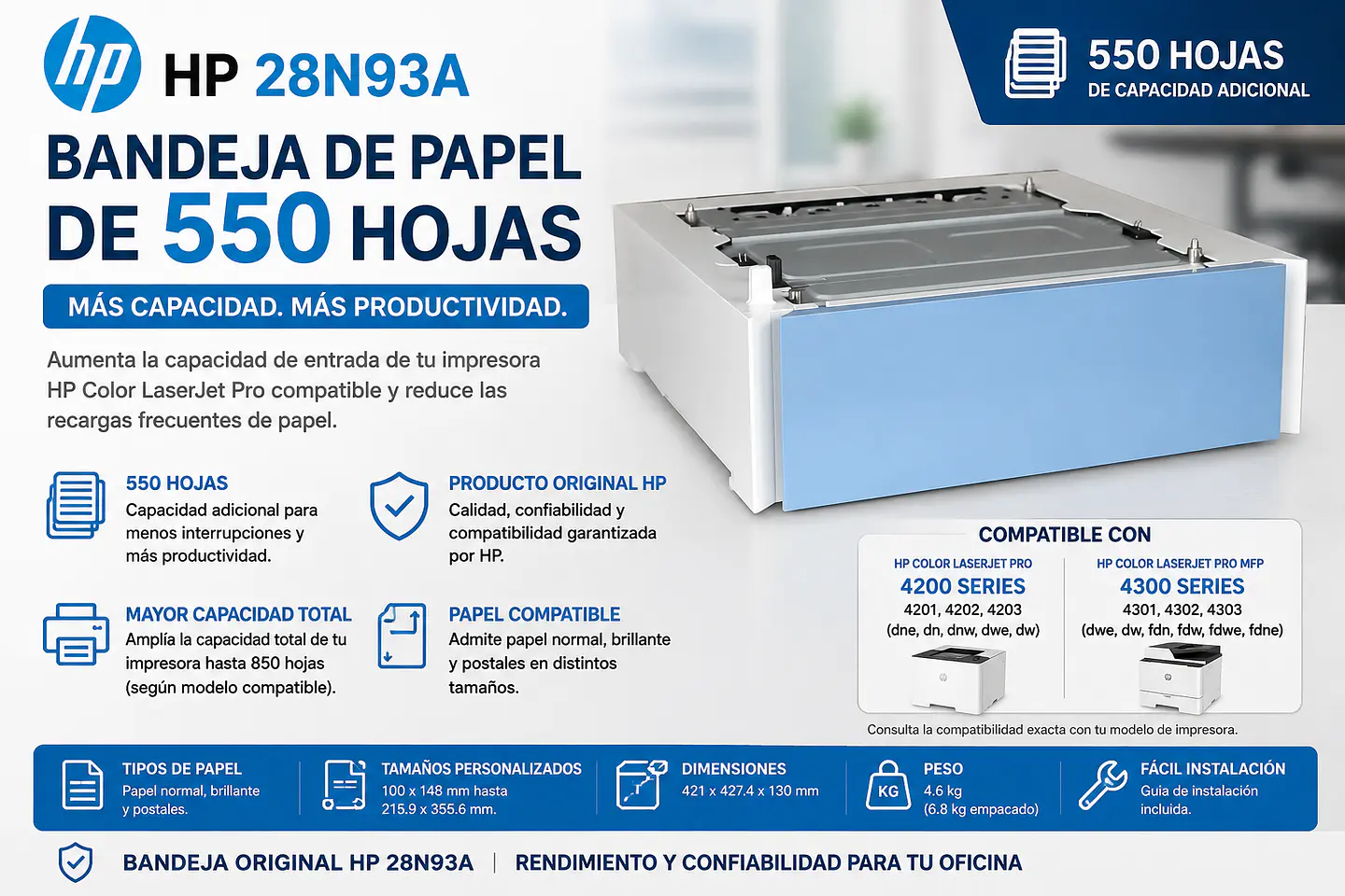 Bandeja HP 28N93A 550 Hojas para Color LaserJet Pro 4200 y MFP 4300 1