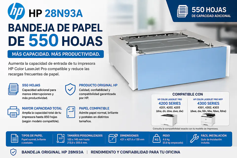 Bandeja HP 28N93A 550 Hojas para Color LaserJet Pro 4200 y MFP 4300 1
