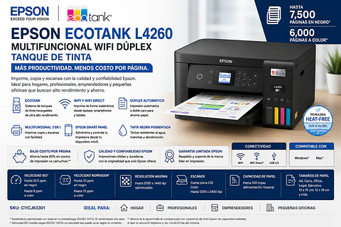 Impresora Epson EcoTank L4260 Multifuncional WiFi Dúplex Tanque de Tinta