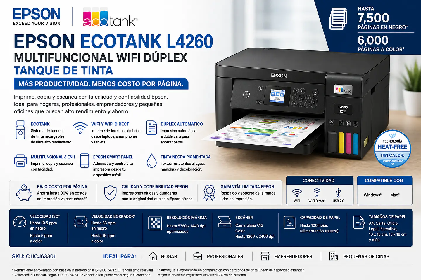 Impresora Epson EcoTank L4260 Multifuncional WiFi Dúplex Tanque de Tinta 1