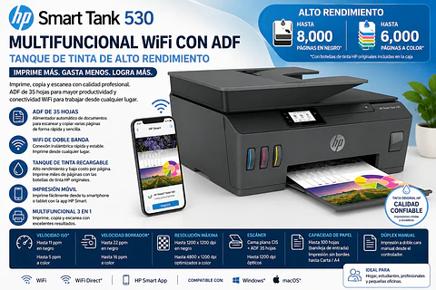 Impresora HP Smart Tank 530 Multifuncional WiFi ADF Tanque de Tinta