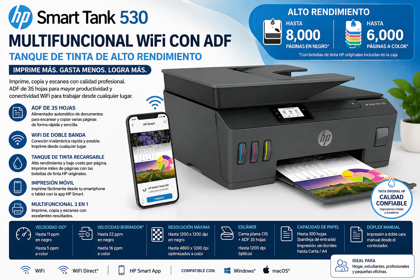 Impresora HP Smart Tank 530 Multifuncional WiFi ADF Tanque de Tinta 1