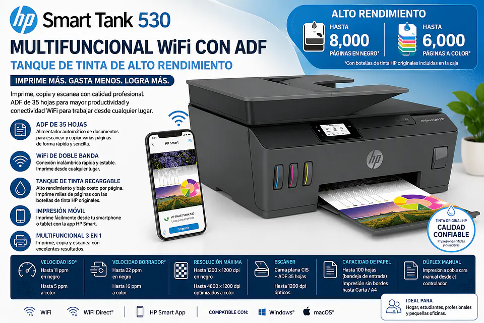 Impresora HP Smart Tank 530 Multifuncional WiFi ADF Tanque de Tinta 1