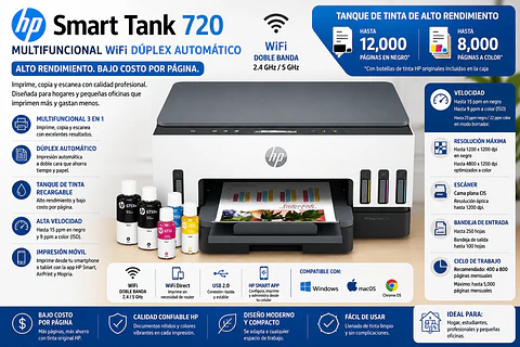 Impresora HP Smart Tank 720 Multifuncional WiFi Dúplex Tanque de Tinta