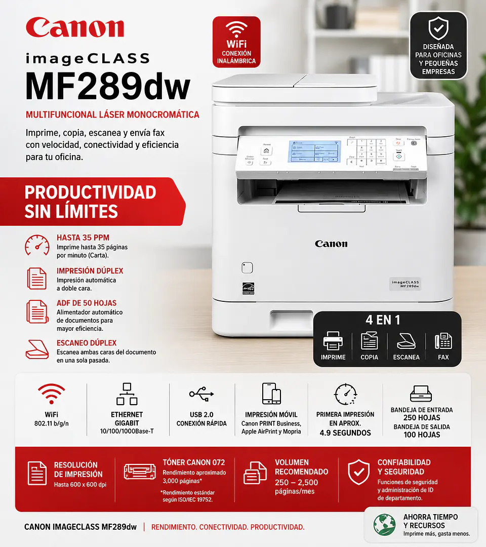 Impresora Canon imageCLASS MF289dw Multifuncional Láser WiFi Dúplex ADF Fax 1