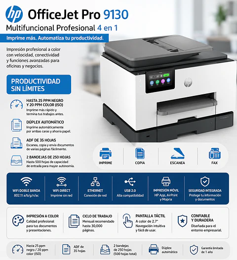Impresora HP OfficeJet Pro 9130 Multifuncional WiFi Dúplex ADF Fax Ethernet