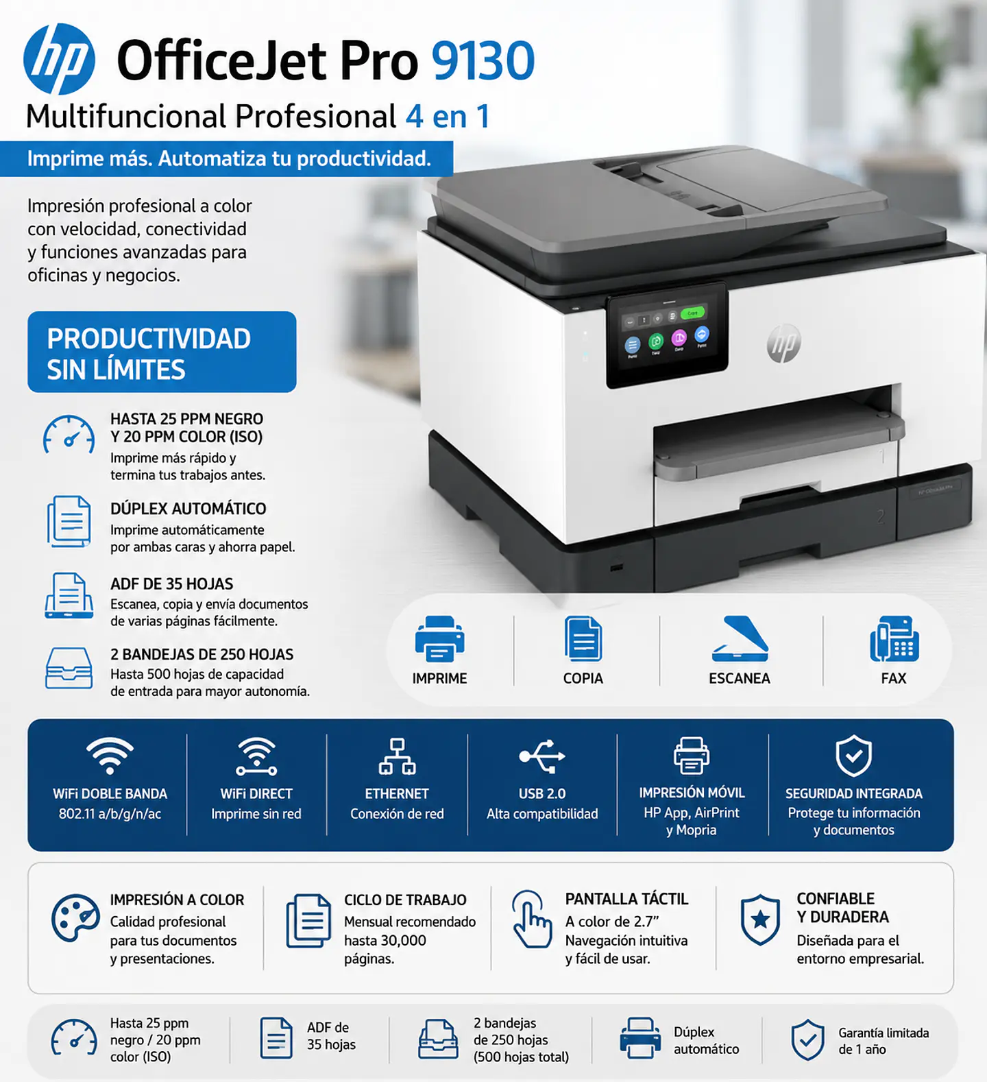 Impresora HP OfficeJet Pro 9130 Multifuncional WiFi Dúplex ADF Fax Ethernet 1
