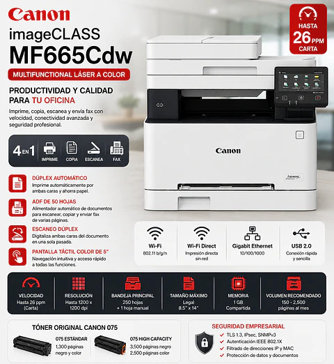 Impresora Canon Color imageCLASS MF665Cdw Multifuncional Láser WiFi Dúplex ADF Fax