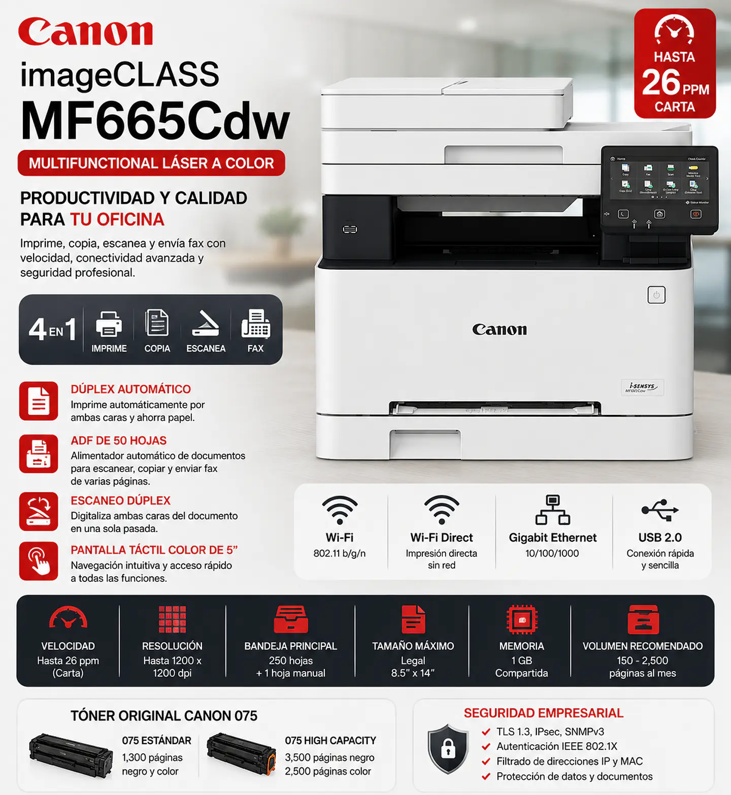 Impresora Canon Color imageCLASS MF665Cdw Multifuncional Láser WiFi Dúplex ADF Fax 1