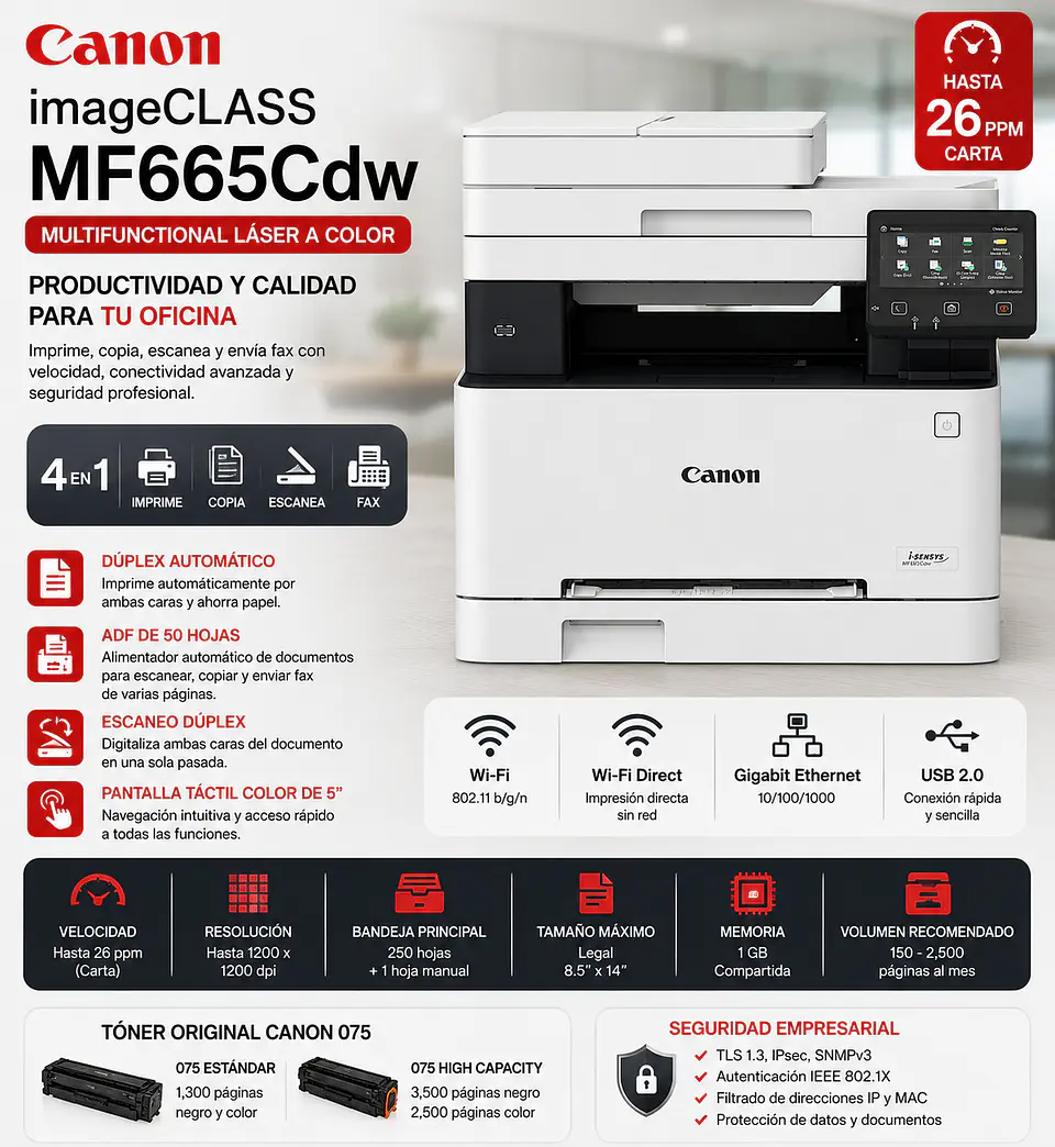 Impresora Canon Color imageCLASS MF665Cdw Multifuncional Láser WiFi Dúplex ADF Fax 1