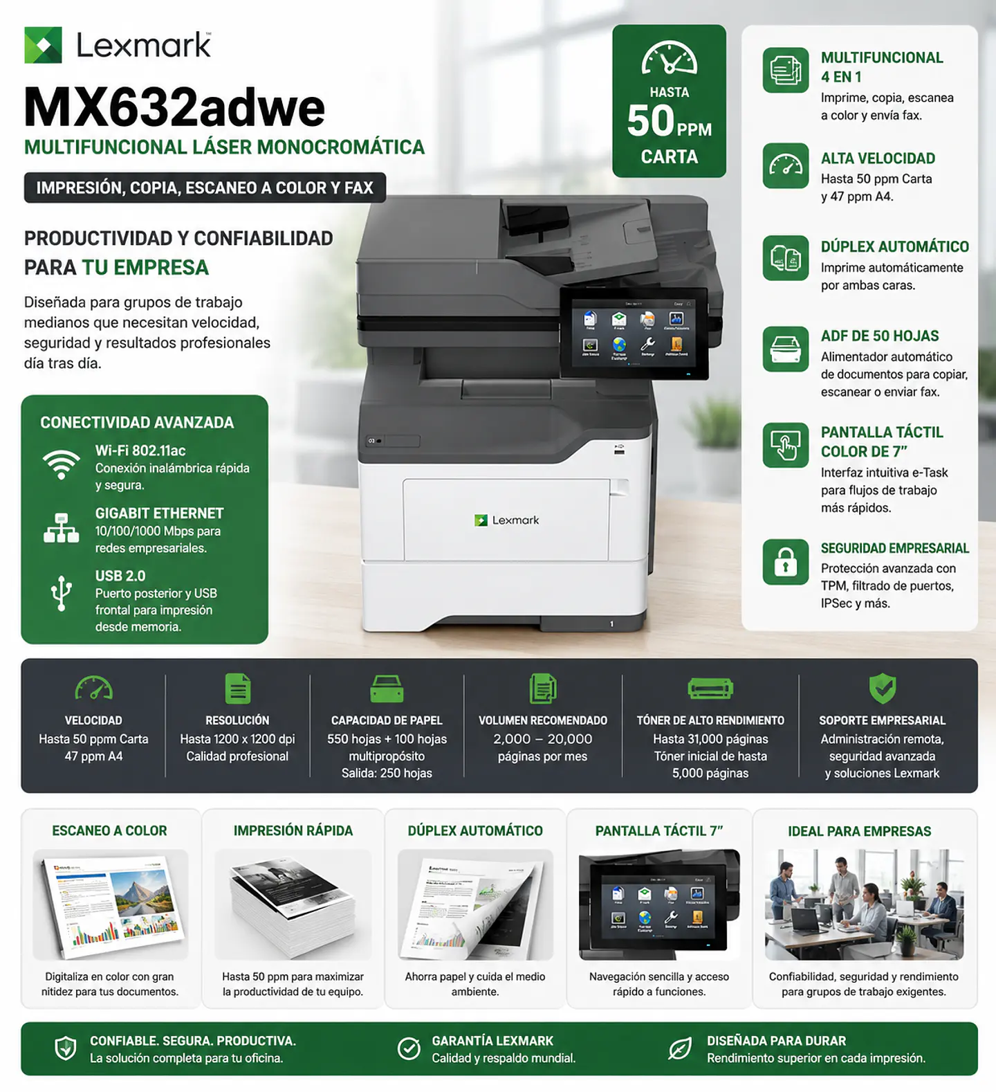 Impresora Lexmark MX632adwe Multifuncional Láser Monocromática WiFi Dúplex ADF Fax Ethernet 1