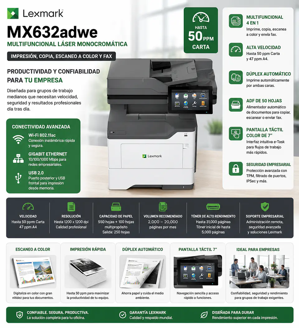 Impresora Lexmark MX632adwe Multifuncional Láser Monocromática WiFi Dúplex ADF Fax Ethernet 1