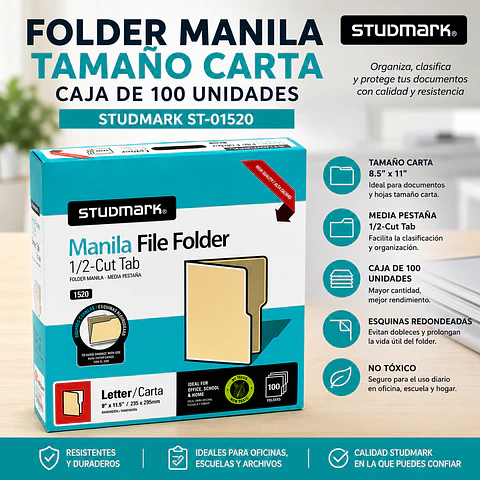 Caja 100 Folder Manila Studmark Tamaño Carta ST-01520