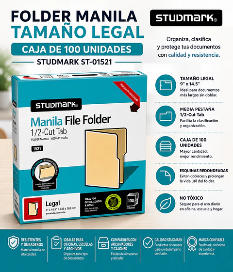 Caja 100 Folder Manila Studmark Tamaño Legal ST-01521