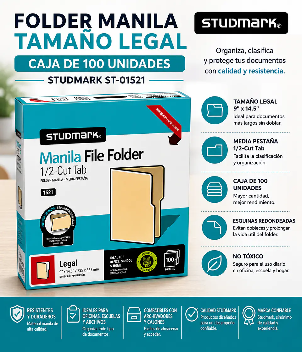 Caja 100 Folder Manila Studmark Tamaño Legal ST-01521 1