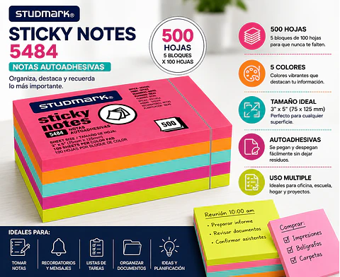 Notas Adhesivas Autoadhesivas Multicolor 75 x 125 mm Studmark ST-05484 - Bloc de 100 Hojas