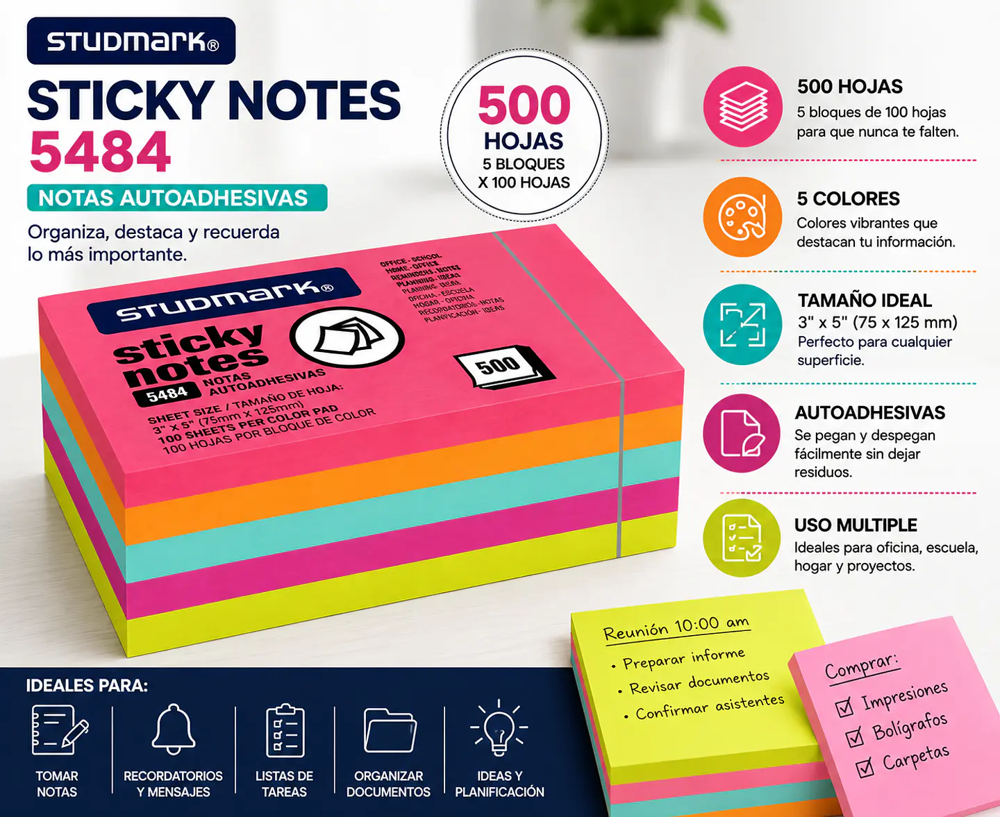 Notas Adhesivas Autoadhesivas Multicolor 75 x 125 mm Studmark ST-05484 - Bloc de 100 Hojas 1