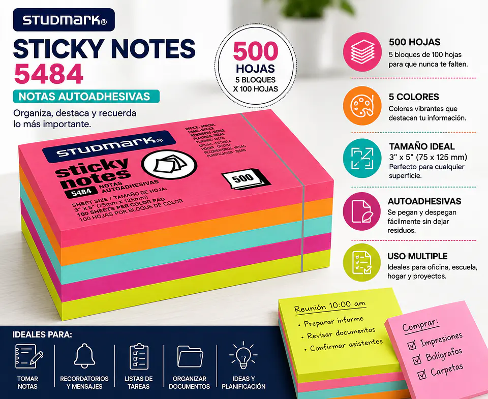 Notas Adhesivas Autoadhesivas Multicolor 75 x 125 mm Studmark ST-05484 - Bloc de 100 Hojas 1