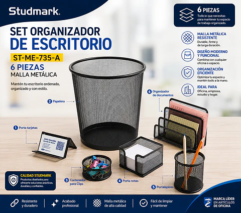 Set Organizador de Escritorio Studmark ST-ME-735-A de Malla Metálica – 6 Piezas