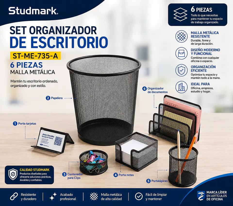 Set Organizador de Escritorio Studmark ST-ME-735-A de Malla Metálica – 6 Piezas 1