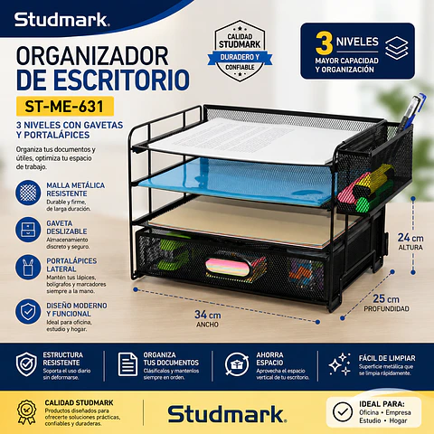 Organizador de Escritorio Studmark ST-ME-631 de 3 Niveles con Gavetas y Portalápices