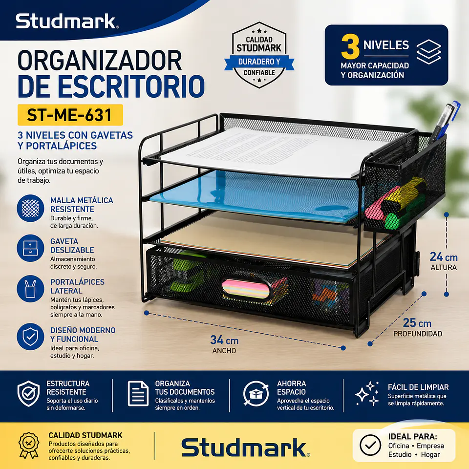 Organizador de Escritorio Studmark ST-ME-631 de 3 Niveles con Gavetas y Portalápices 1