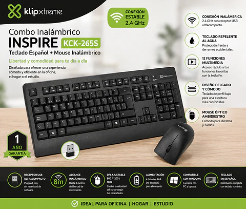 Combo Teclado y Mouse Inalámbrico Klip Xtreme Inspire KCK-265S 2.4 GHz Español