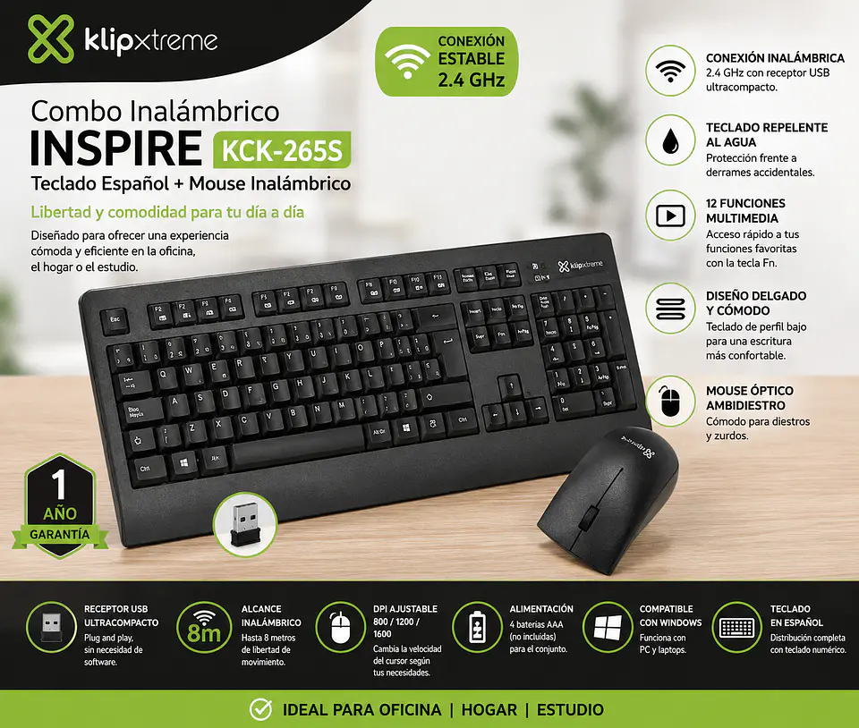 Combo Teclado y Mouse Inalámbrico Klip Xtreme Inspire KCK-265S 2.4 GHz Español 1