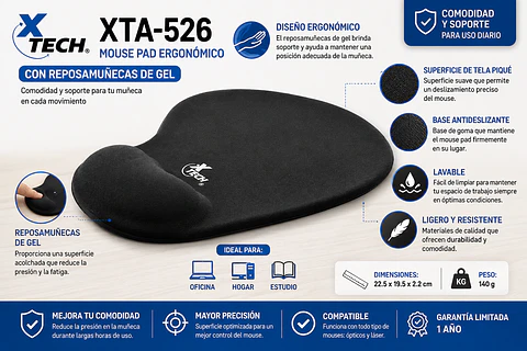 Mouse Pad Ergonómico Xtech XTA-526 con Reposamuñecas de Gel y Base Antideslizante
