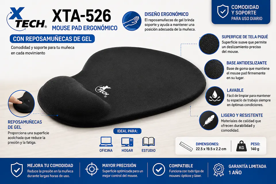 Mouse Pad Ergonómico Xtech XTA-526 con Reposamuñecas de Gel y Base Antideslizante 1