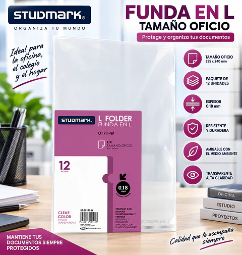 Paquete de 12 Fundas Transparentes Studmark para Archivador Carta y Oficio