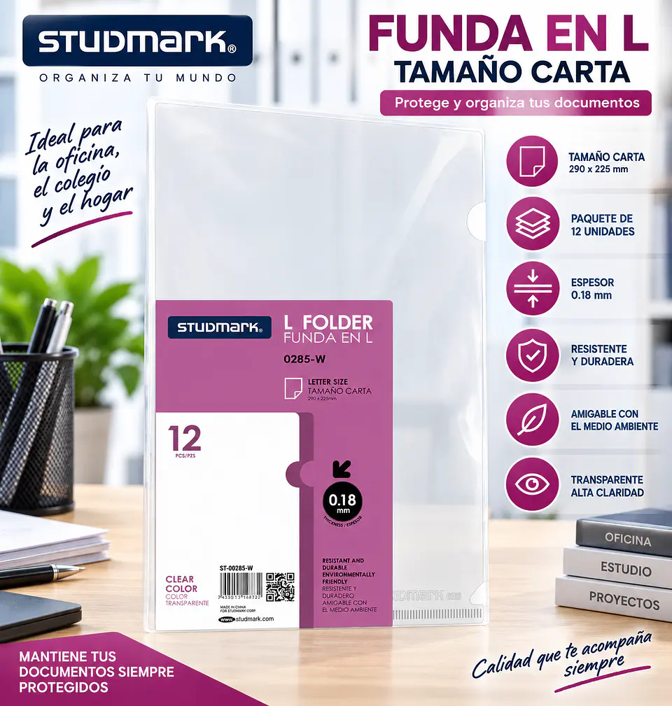 Paquete de 12 Fundas Transparentes Studmark para Archivador Carta y Oficio 1