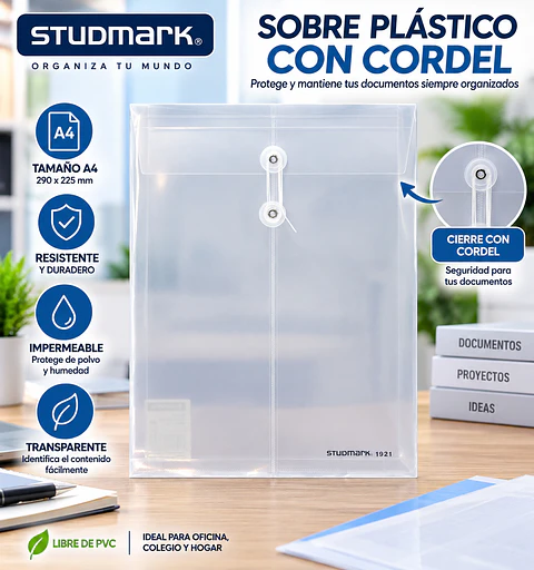 Sobre Plástico Studmark Transparente con Cordel A4 y Oficio