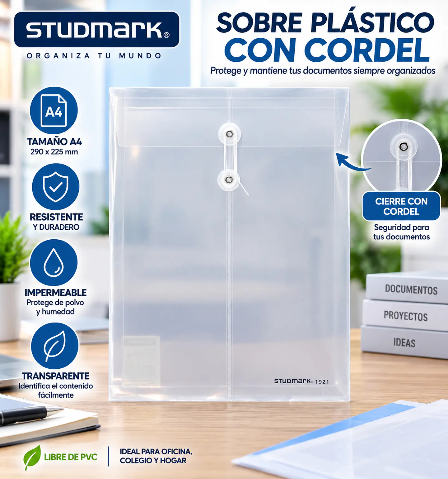 Sobre Plástico Studmark Transparente con Cordel A4 y Oficio 1