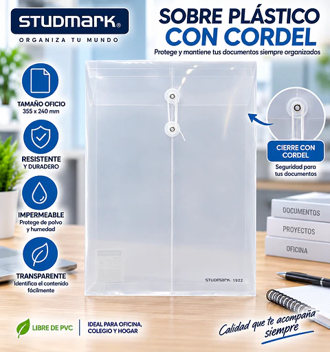 Sobre Plástico Studmark Transparente con Cordel A4 y Oficio