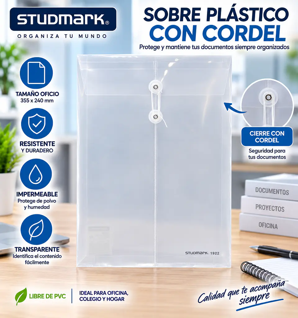 Sobre Plástico Studmark Transparente con Cordel A4 y Oficio 2