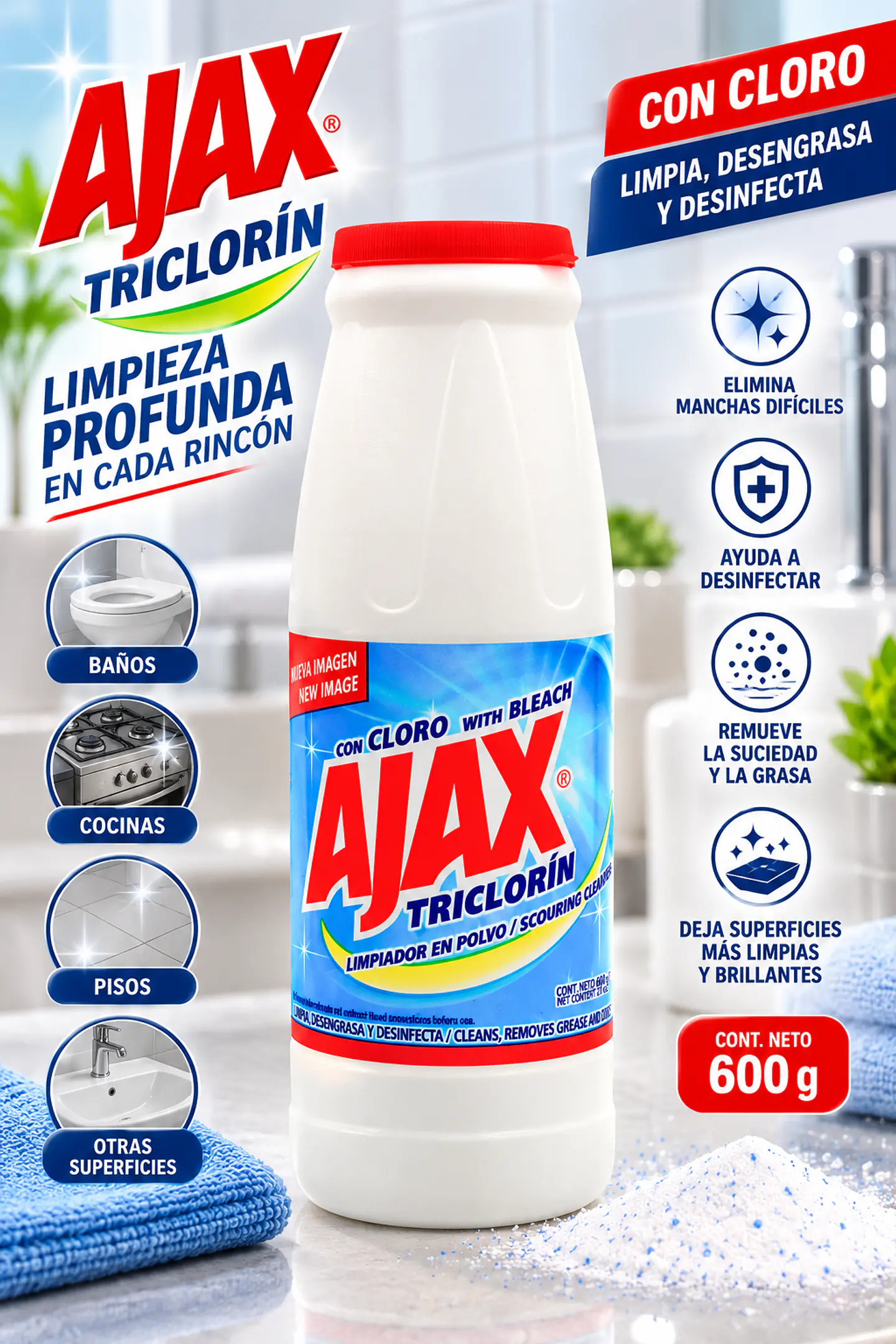 Limpiador en Polvo Ajax Triclorín con Cloro 600 g 1