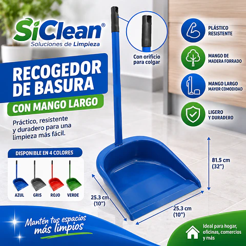 Recogedor de Basura SiClean Plástico con Mango de Madera Forrado – Varios Colores