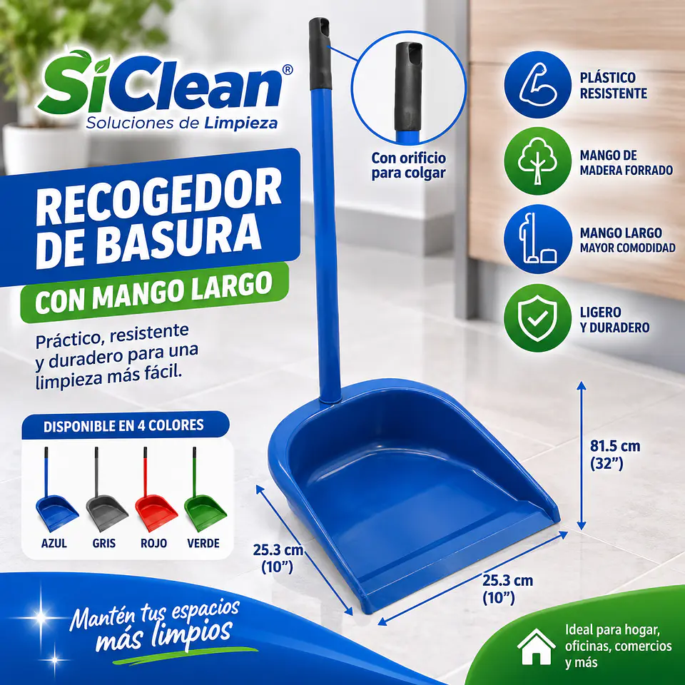 Recogedor de Basura SiClean Plástico con Mango de Madera Forrado – Varios Colores 1