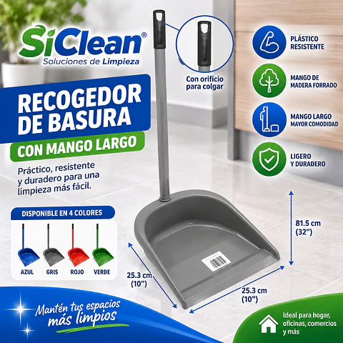Recogedor de Basura SiClean Plástico con Mango de Madera Forrado – Varios Colores