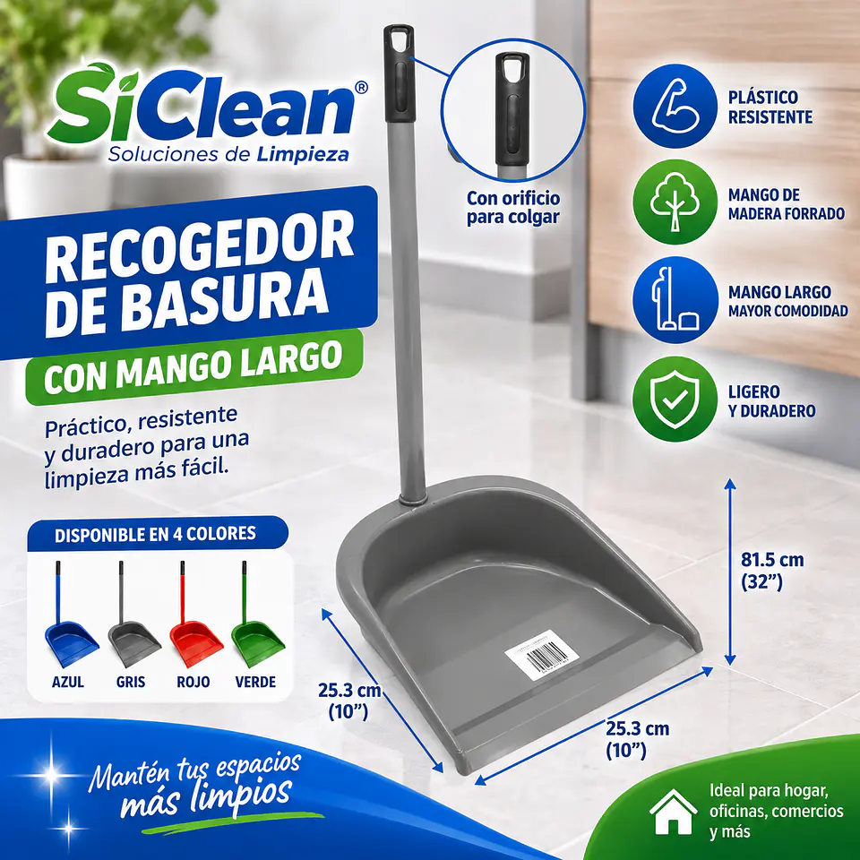 Recogedor de Basura SiClean Plástico con Mango de Madera Forrado – Varios Colores 2