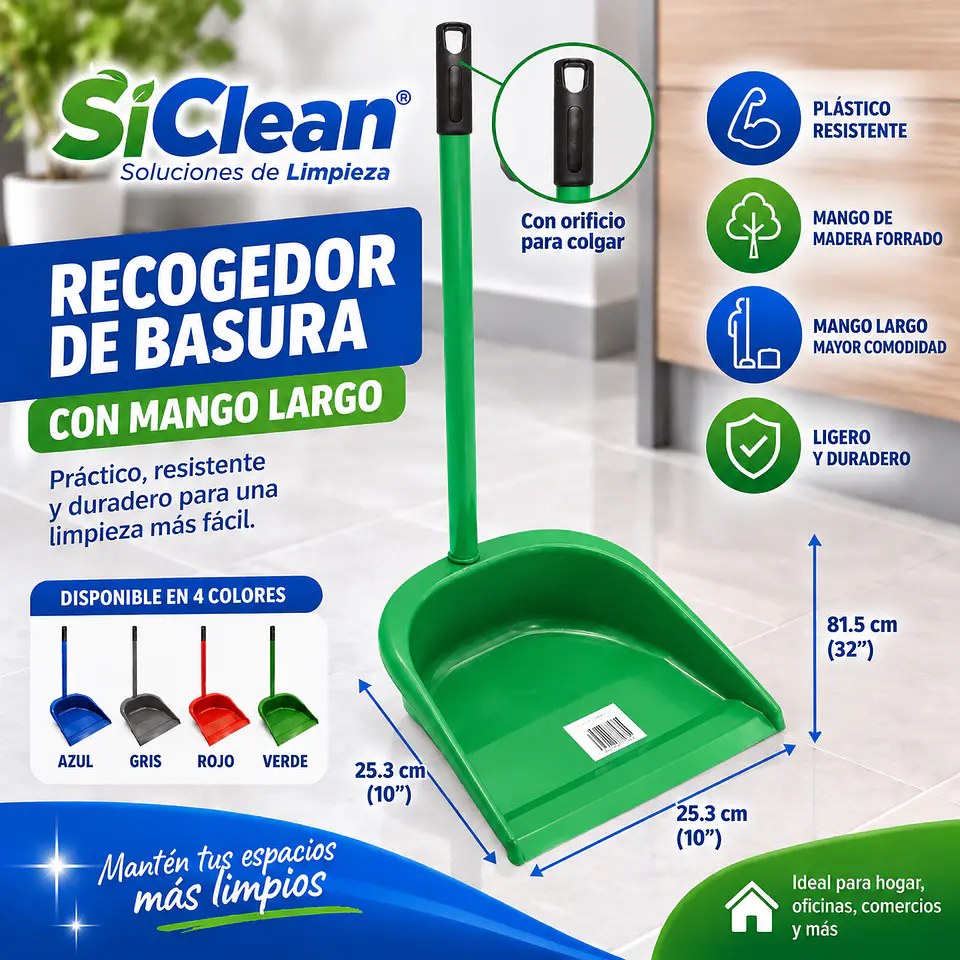 Recogedor de Basura SiClean Plástico con Mango de Madera Forrado – Varios Colores 4