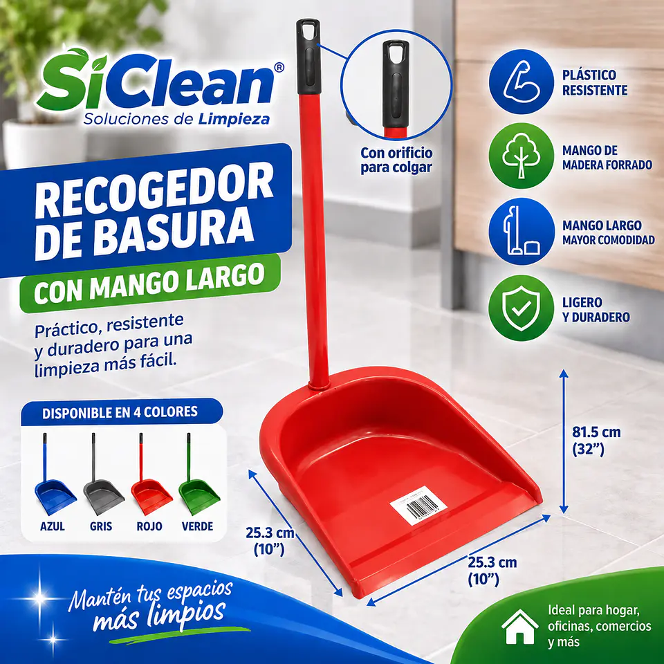 Recogedor de Basura SiClean Plástico con Mango de Madera Forrado – Varios Colores 3