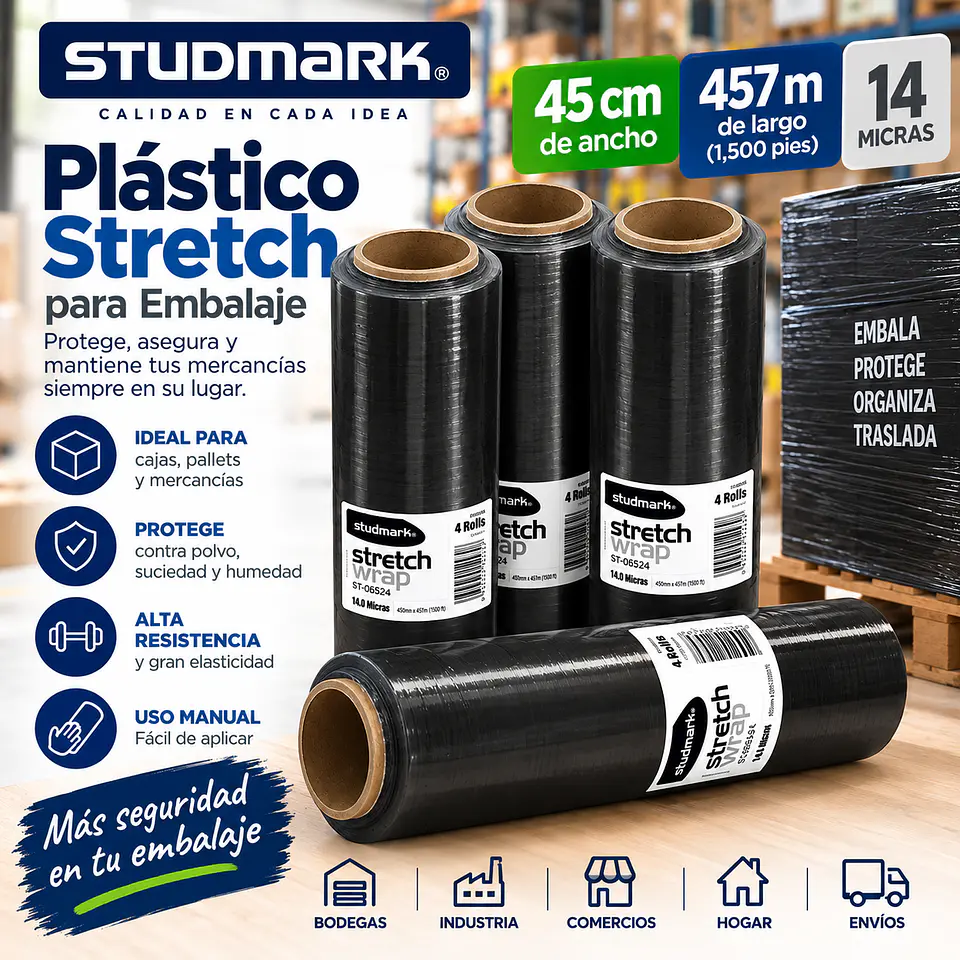 Plástico Stretch Studmark para Embalaje 45 cm x 457 m 14 Mic 2