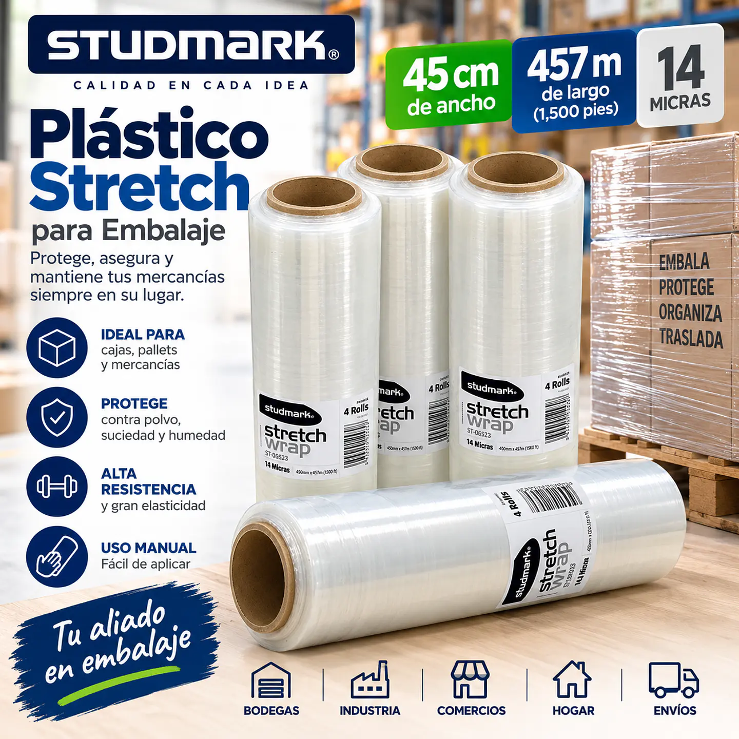 Plástico Stretch Studmark para Embalaje 45 cm x 457 m 14 Mic 1
